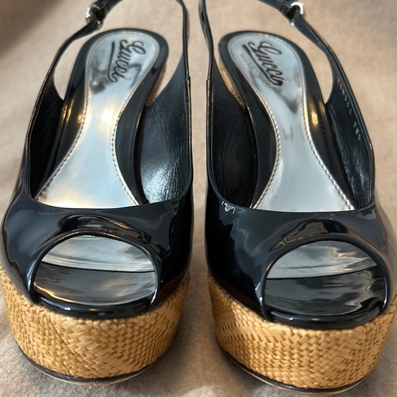 Gucci Sophia Peep-Toe Patent Leather Sling-back Wedge Shoes - Picture 6 of 9